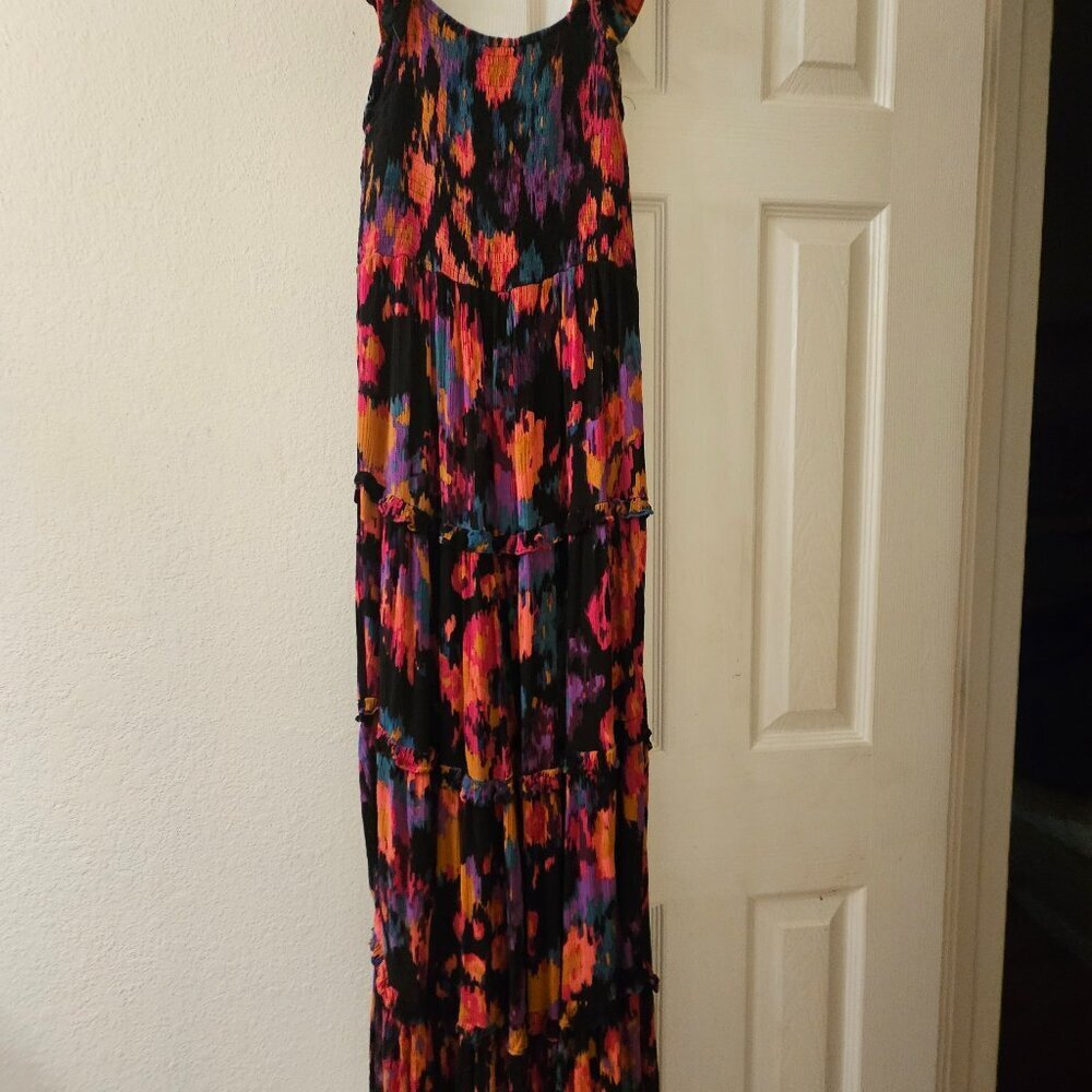 Boho prairie tier ruffle multicolor Vacay Resort Cottagecore Beach maxi dress L - Picture 4 of 15